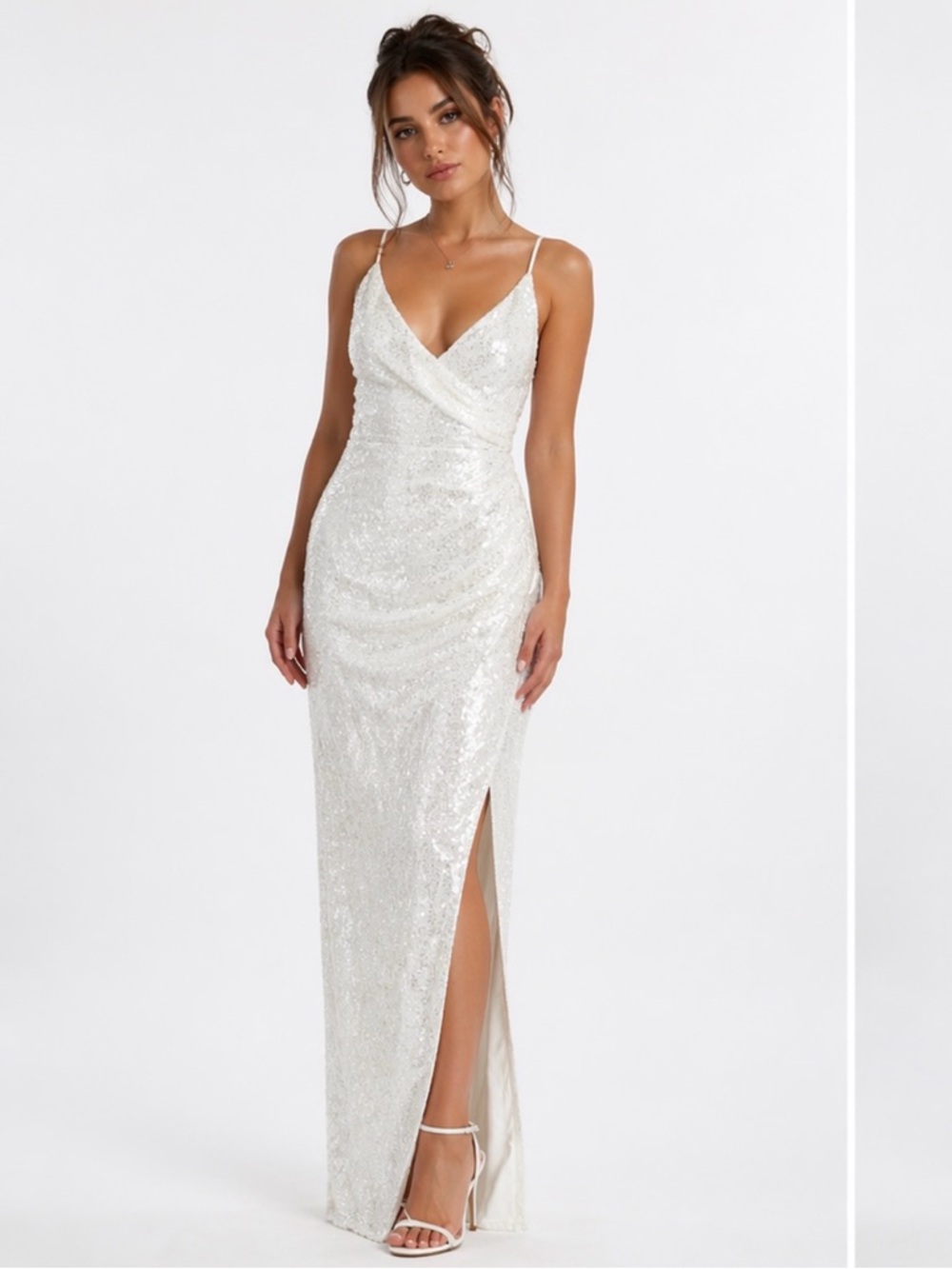 Kalinnu White Sequin Maxi Dress Side Slit Formal Bridal Evening Gown Large NWT